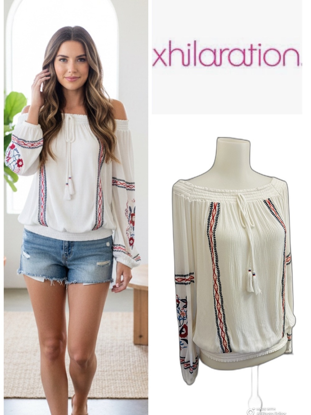 Xhilaration Cream Off-Shoulder Embroidered Boho Tunic